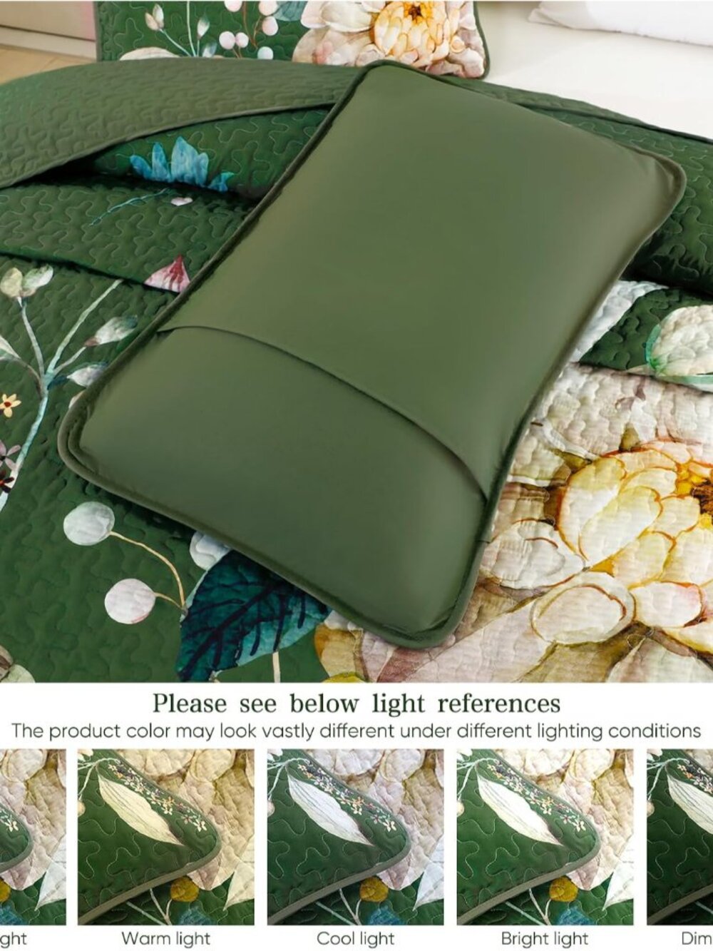 Floral Quilt Queen Size - 3 Pieces Green Quilt Botanical Bedspread | Soft Microf - Picture 8 of 8